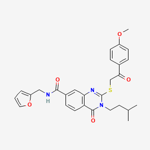 molecular formula C28H29N3O5S B2371700 N-[(furan-2-yl)methyl]-2-{[2-(4-methoxyphenyl)-2-oxoethyl]sulfanyl}-3-(3-methylbutyl)-4-oxo-3,4-dihydroquinazoline-7-carboxamide CAS No. 1113136-61-0