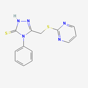 molecular formula C13H11N5S2 B2372074 4-phenyl-5-[(pyrimidin-2-ylthio)methyl]-4{H}-1,2,4-triazole-3-thiol CAS No. 872696-21-4