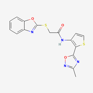 molecular formula C16H12N4O3S2 B2372235 2-(1,3-benzoxazol-2-ylsulfanyl)-N-[2-(3-methyl-1,2,4-oxadiazol-5-yl)thiophen-3-yl]acetamide CAS No. 1798525-96-8