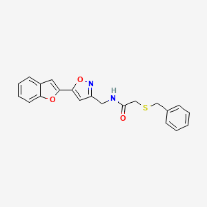 molecular formula C21H18N2O3S B2372291 N-((5-(benzofuran-2-yl)isoxazol-3-yl)methyl)-2-(benzylthio)acetamide CAS No. 1105242-70-3