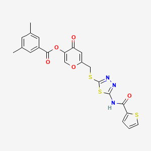4-oxo-6-(((5-(thiophene-2-carboxamido)-1,3,4-thiadiazol-2-yl)thio)methyl)-4H-pyran-3-yl 3,5-dimethylbenzoate