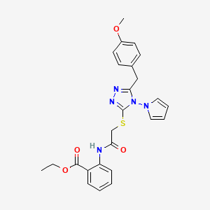 molecular formula C25H25N5O4S B2372402 ethyl 2-[({[5-(4-methoxybenzyl)-4-(1H-pyrrol-1-yl)-4H-1,2,4-triazol-3-yl]sulfanyl}acetyl)amino]benzoate CAS No. 896307-15-6