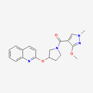 molecular formula C19H20N4O3 B2372423 (3-methoxy-1-methyl-1H-pyrazol-4-yl)(3-(quinolin-2-yloxy)pyrrolidin-1-yl)methanone CAS No. 2034247-80-6