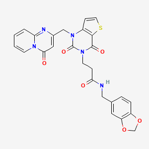 molecular formula C26H21N5O6S B2372427 N-(1,3-benzodioxol-5-ylmethyl)-3-[2,4-dioxo-1-[(4-oxo-4H-pyrido[1,2-a]pyrimidin-2-yl)methyl]-1,4-dihydrothieno[3,2-d]pyrimidin-3(2H)-yl]propanamide CAS No. 912882-11-2