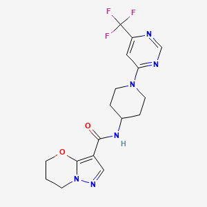 molecular formula C17H19F3N6O2 B2372437 N-(1-(6-(trifluoromethyl)pyrimidin-4-yl)piperidin-4-yl)-6,7-dihydro-5H-pyrazolo[5,1-b][1,3]oxazine-3-carboxamide CAS No. 2034226-13-4
