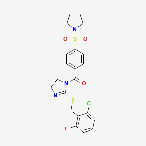 molecular formula C21H21ClFN3O3S2 B2372654 (2-((2-chloro-6-fluorobenzyl)thio)-4,5-dihydro-1H-imidazol-1-yl)(4-(pyrrolidin-1-ylsulfonyl)phenyl)methanone CAS No. 851803-03-7