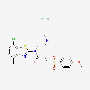 molecular formula C22H27Cl2N3O4S2 B2372732 N-(7-chloro-4-methylbenzo[d]thiazol-2-yl)-N-(2-(dimethylamino)ethyl)-3-((4-methoxyphenyl)sulfonyl)propanamide hydrochloride CAS No. 1215516-91-8