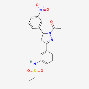 molecular formula C19H20N4O5S B2372763 N-{3-[1-acetyl-5-(3-nitrophenyl)-4,5-dihydro-1H-pyrazol-3-yl]phenyl}ethane-1-sulfonamide CAS No. 714263-22-6
