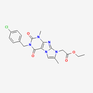 molecular formula C20H20ClN5O4 B2372875 ethyl 2-(3-(4-chlorobenzyl)-1,7-dimethyl-2,4-dioxo-3,4-dihydro-1H-imidazo[2,1-f]purin-8(2H)-yl)acetate CAS No. 919009-67-9