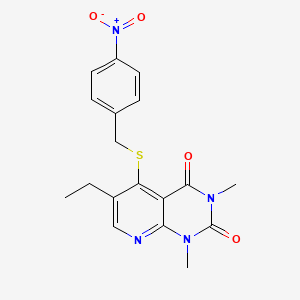 molecular formula C18H18N4O4S B2373188 6-ethyl-1,3-dimethyl-5-{[(4-nitrophenyl)methyl]sulfanyl}-1H,2H,3H,4H-pyrido[2,3-d]pyrimidine-2,4-dione CAS No. 946308-08-3