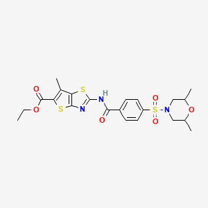molecular formula C22H25N3O6S3 B2373191 Ethyl 2-(4-((2,6-dimethylmorpholino)sulfonyl)benzamido)-6-methylthieno[2,3-d]thiazole-5-carboxylate CAS No. 681161-87-5