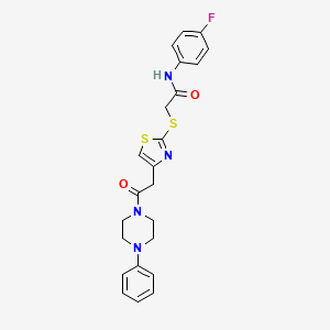 molecular formula C23H23FN4O2S2 B2373229 N-(4-fluorophenyl)-2-((4-(2-oxo-2-(4-phenylpiperazin-1-yl)ethyl)thiazol-2-yl)thio)acetamide CAS No. 942000-84-2