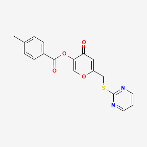 molecular formula C18H14N2O4S B2373476 4-oxo-6-[(pyrimidin-2-ylsulfanyl)methyl]-4H-pyran-3-yl 4-methylbenzoate CAS No. 877635-31-9