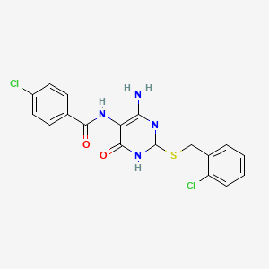 molecular formula C18H14Cl2N4O2S B2373500 N-(4-amino-2-((2-chlorobenzyl)thio)-6-oxo-1,6-dihydropyrimidin-5-yl)-4-chlorobenzamide CAS No. 888439-89-2