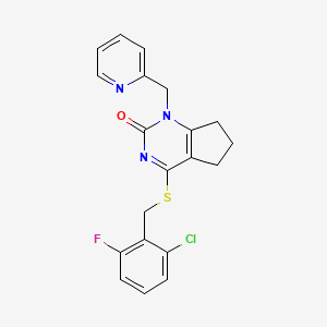 molecular formula C20H17ClFN3OS B2373679 4-((2-chloro-6-fluorobenzyl)thio)-1-(pyridin-2-ylmethyl)-6,7-dihydro-1H-cyclopenta[d]pyrimidin-2(5H)-one CAS No. 900000-38-6