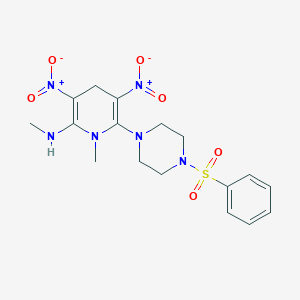 molecular formula C17H22N6O6S B2373892 6-[4-(benzenesulfonyl)piperazin-1-yl]-N,1-dimethyl-3,5-dinitro-1,4-dihydropyridin-2-amine CAS No. 339020-84-7