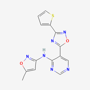 molecular formula C14H10N6O2S B2374072 5-methyl-N-(5-(3-(thiophen-2-yl)-1,2,4-oxadiazol-5-yl)pyrimidin-4-yl)isoxazol-3-amine CAS No. 2034243-85-9