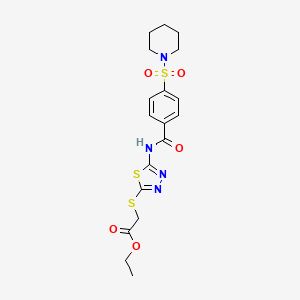 molecular formula C18H22N4O5S3 B2374127 Ethyl 2-((5-(4-(piperidin-1-ylsulfonyl)benzamido)-1,3,4-thiadiazol-2-yl)thio)acetate CAS No. 392318-68-2