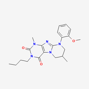molecular formula C21H27N5O3 B2374134 3-butyl-9-(2-methoxyphenyl)-1,7-dimethyl-6,7,8,9-tetrahydropyrimido[2,1-f]purine-2,4(1H,3H)-dione CAS No. 877617-23-7