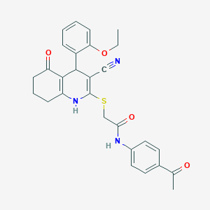 molecular formula C28H27N3O4S B2374206 N-(4-acetylphenyl)-2-{[3-cyano-4-(2-ethoxyphenyl)-5-oxo-1,4,5,6,7,8-hexahydroquinolin-2-yl]sulfanyl}acetamide CAS No. 384355-70-8