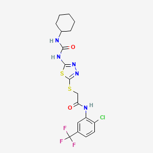 molecular formula C18H19ClF3N5O2S2 B2374326 N-(2-chloro-5-(trifluoromethyl)phenyl)-2-((5-(3-cyclohexylureido)-1,3,4-thiadiazol-2-yl)thio)acetamide CAS No. 922673-27-6