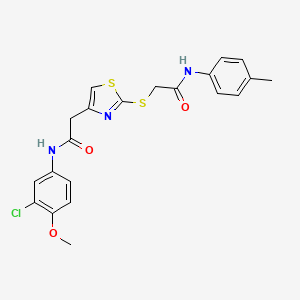 molecular formula C21H20ClN3O3S2 B2374356 N-(3-chloro-4-methoxyphenyl)-2-(2-((2-oxo-2-(p-tolylamino)ethyl)thio)thiazol-4-yl)acetamide CAS No. 942001-69-6