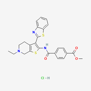 molecular formula C25H24ClN3O3S2 B2374370 Methyl 4-((3-(benzo[d]thiazol-2-yl)-6-ethyl-4,5,6,7-tetrahydrothieno[2,3-c]pyridin-2-yl)carbamoyl)benzoate hydrochloride CAS No. 1331110-84-9