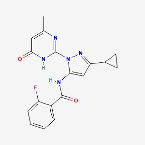 molecular formula C18H16FN5O2 B2374376 N-(3-cyclopropyl-1-(4-methyl-6-oxo-1,6-dihydropyrimidin-2-yl)-1H-pyrazol-5-yl)-2-fluorobenzamide CAS No. 1203216-48-1