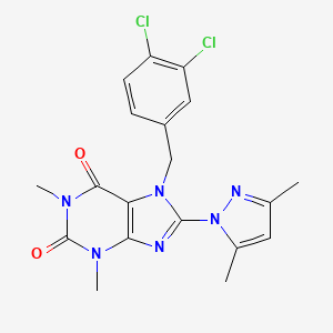 molecular formula C19H18Cl2N6O2 B2374540 7-[(3,4-Dichlorophenyl)methyl]-8-(3,5-dimethylpyrazol-1-yl)-1,3-dimethylpurine-2,6-dione CAS No. 1019100-24-3