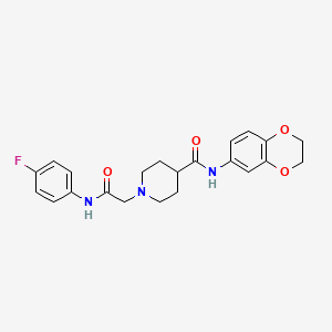 molecular formula C22H24FN3O4 B2374810 N-(2,3-dihydrobenzo[b][1,4]dioxin-6-yl)-1-(2-((4-fluorophenyl)amino)-2-oxoethyl)piperidine-4-carboxamide CAS No. 941881-58-9
