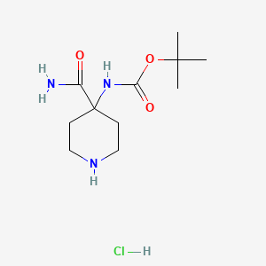 molecular formula C11H22ClN3O3 B2374854 Tert-butyl N-(4-carbamoylpiperidin-4-yl)carbamate;hydrochloride CAS No. 2243508-39-4