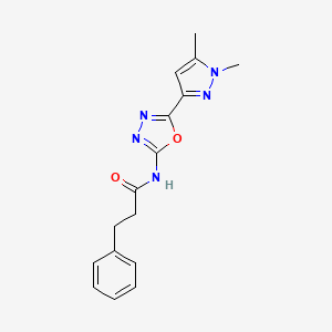 molecular formula C16H17N5O2 B2375032 N-(5-(1,5-dimethyl-1H-pyrazol-3-yl)-1,3,4-oxadiazol-2-yl)-3-phenylpropanamide CAS No. 1203243-76-8