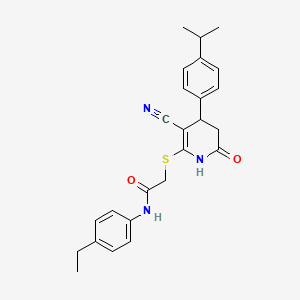 molecular formula C25H27N3O2S B2375047 2-({3-cyano-6-oxo-4-[4-(propan-2-yl)phenyl]-1,4,5,6-tetrahydropyridin-2-yl}sulfanyl)-N-(4-ethylphenyl)acetamide CAS No. 369398-35-6