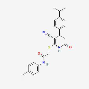 molecular formula C25H27N3O2S B2375047 2-({3-cyano-6-hydroxy-4-[4-(propan-2-yl)phenyl]-4,5-dihydropyridin-2-yl}sulfanyl)-N-(4-ethylphenyl)acetamide CAS No. 369398-35-6