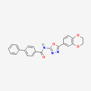 molecular formula C23H17N3O4 B2375063 N-(5-(2,3-dihydrobenzo[b][1,4]dioxin-6-yl)-1,3,4-oxadiazol-2-yl)-[1,1'-biphenyl]-4-carboxamide CAS No. 851094-47-8