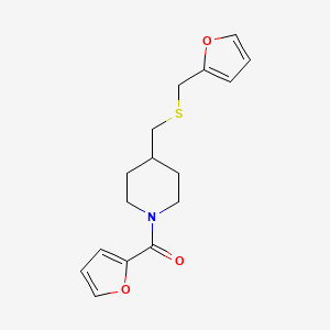 molecular formula C16H19NO3S B2375192 Furan-2-yl(4-(((furan-2-ylmethyl)thio)methyl)piperidin-1-yl)methanone CAS No. 1396746-13-6