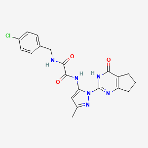 molecular formula C20H19ClN6O3 B2375430 N1-(4-chlorobenzyl)-N2-(3-methyl-1-(4-oxo-4,5,6,7-tetrahydro-3H-cyclopenta[d]pyrimidin-2-yl)-1H-pyrazol-5-yl)oxalamide CAS No. 1014047-98-3