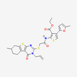 molecular formula C28H29N3O5S3 B2375513 ethyl 2-(2-{[11-methyl-3-oxo-4-(prop-2-en-1-yl)-8-thia-4,6-diazatricyclo[7.4.0.0^{2,7}]trideca-1(9),2(7),5-trien-5-yl]sulfanyl}acetamido)-4-(5-methylfuran-2-yl)thiophene-3-carboxylate CAS No. 750603-92-0