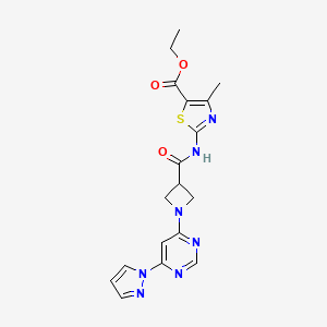 molecular formula C18H19N7O3S B2375599 ethyl 2-(1-(6-(1H-pyrazol-1-yl)pyrimidin-4-yl)azetidine-3-carboxamido)-4-methylthiazole-5-carboxylate CAS No. 2034481-38-2