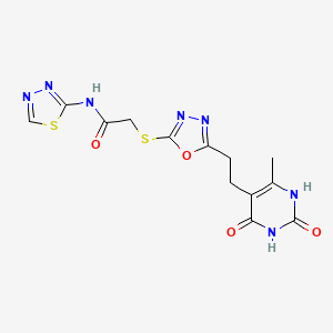 molecular formula C13H13N7O4S2 B2375690 2-((5-(2-(6-methyl-2,4-dioxo-1,2,3,4-tetrahydropyrimidin-5-yl)ethyl)-1,3,4-oxadiazol-2-yl)thio)-N-(1,3,4-thiadiazol-2-yl)acetamide CAS No. 1172801-88-5
