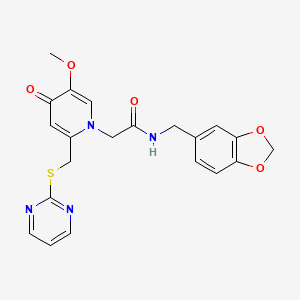 molecular formula C21H20N4O5S B2375753 N-(benzo[d][1,3]dioxol-5-ylmethyl)-2-(5-methoxy-4-oxo-2-((pyrimidin-2-ylthio)methyl)pyridin-1(4H)-yl)acetamide CAS No. 1005292-15-8