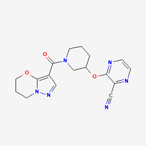 molecular formula C17H18N6O3 B2375801 3-((1-(6,7-dihydro-5H-pyrazolo[5,1-b][1,3]oxazine-3-carbonyl)piperidin-3-yl)oxy)pyrazine-2-carbonitrile CAS No. 2034435-60-2
