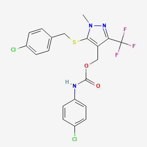 molecular formula C20H16Cl2F3N3O2S B2375879 [5-[(4-chlorobenzyl)sulfanyl]-1-methyl-3-(trifluoromethyl)-1H-pyrazol-4-yl]methyl N-(4-chlorophenyl)carbamate CAS No. 318469-49-7