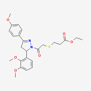 molecular formula C25H30N2O6S B2375916 ethyl 3-((2-(5-(2,3-dimethoxyphenyl)-3-(4-methoxyphenyl)-4,5-dihydro-1H-pyrazol-1-yl)-2-oxoethyl)thio)propanoate CAS No. 403837-35-4