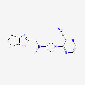 molecular formula C16H18N6S B2375935 3-[3-[5,6-Dihydro-4H-cyclopenta[d][1,3]thiazol-2-ylmethyl(methyl)amino]azetidin-1-yl]pyrazine-2-carbonitrile CAS No. 2380169-61-7