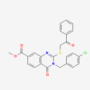 molecular formula C25H19ClN2O4S B2376333 Methyl 3-[(4-chlorophenyl)methyl]-4-oxo-2-phenacylsulfanylquinazoline-7-carboxylate CAS No. 422273-76-5