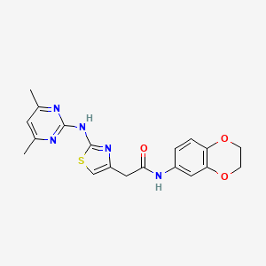 molecular formula C19H19N5O3S B2376393 N-(2,3-dihydrobenzo[b][1,4]dioxin-6-yl)-2-(2-((4,6-dimethylpyrimidin-2-yl)amino)thiazol-4-yl)acetamide CAS No. 1226459-29-5