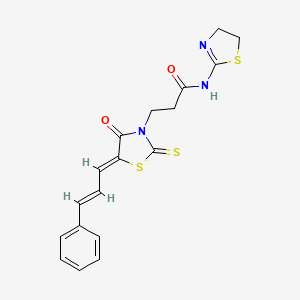 molecular formula C18H17N3O2S3 B2376541 N-(4,5-dihydrothiazol-2-yl)-3-((Z)-4-oxo-5-((E)-3-phenylallylidene)-2-thioxothiazolidin-3-yl)propanamide CAS No. 682766-67-2