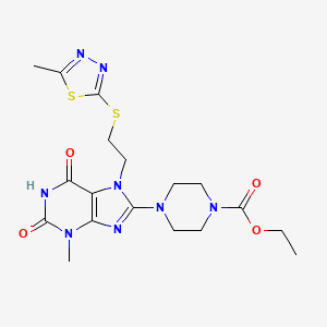 molecular formula C18H24N8O4S2 B2376649 ethyl 4-(3-methyl-7-{2-[(5-methyl-1,3,4-thiadiazol-2-yl)sulfanyl]ethyl}-2,6-dioxo-2,3,6,7-tetrahydro-1H-purin-8-yl)piperazine-1-carboxylate CAS No. 674360-72-6