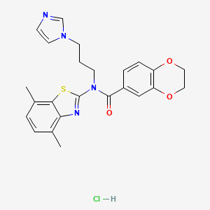 molecular formula C24H25ClN4O3S B2376974 N-(3-(1H-imidazol-1-yl)propyl)-N-(4,7-dimethylbenzo[d]thiazol-2-yl)-2,3-dihydrobenzo[b][1,4]dioxine-6-carboxamide hydrochloride CAS No. 1216724-11-6